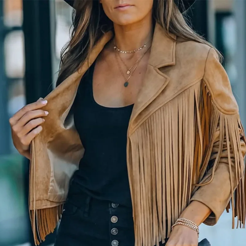 Women's Western Style Faux Suede Fringe Short Jacket Lapel Open Front Vintage Cowboy Coat The Spring and Autumn Annals