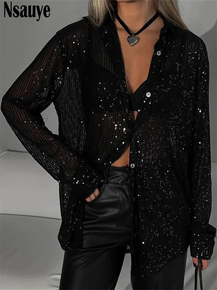 Nsauye Women Loose Long Sleeve Fashion Casual Sequins Glitter Sexy Club T Shirt Tops Blouse Button Spring 2024 Tees Party