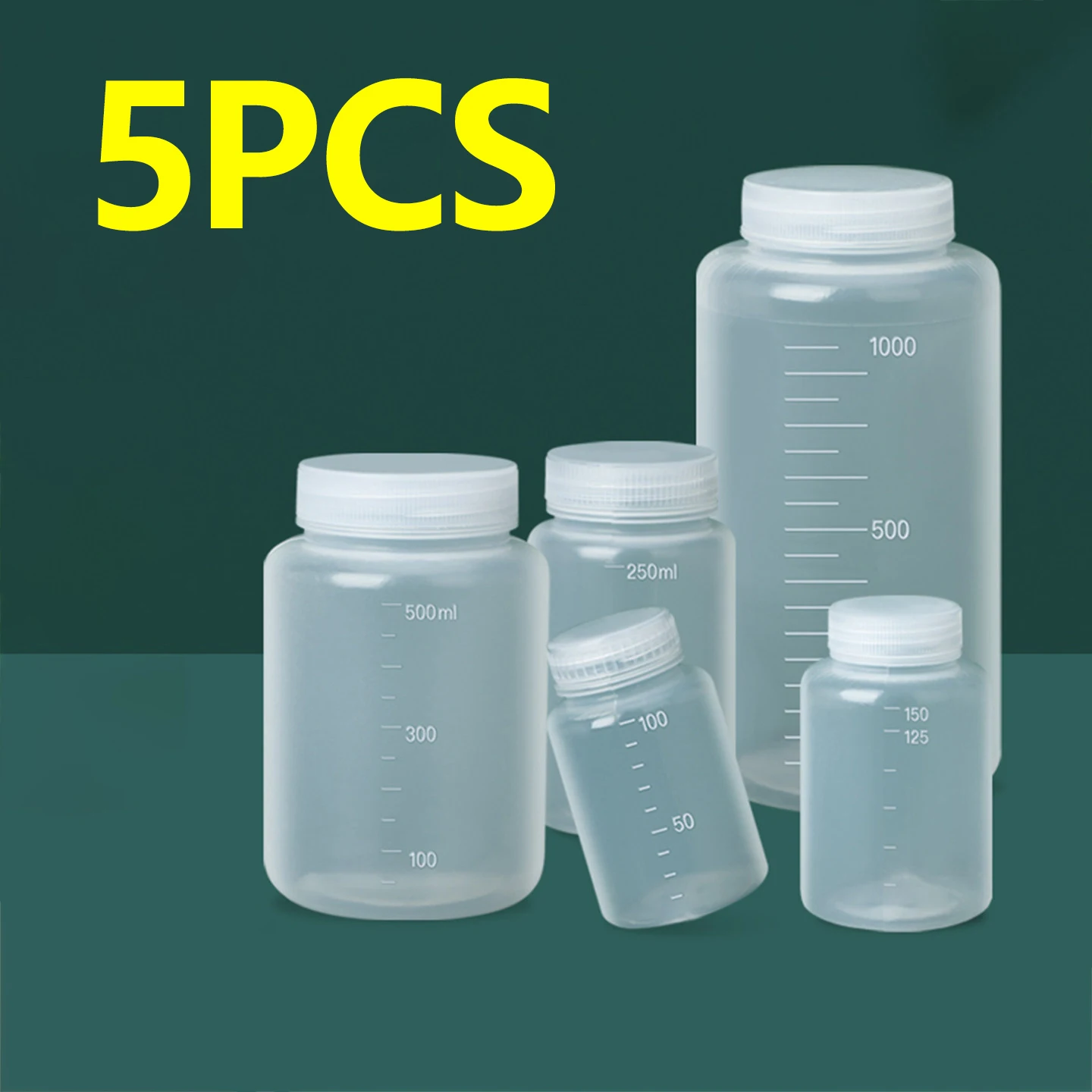 5 pieces PP plastic bottles large mouth reagent sample bottles 50/100/250/500/1000ml transparent scale