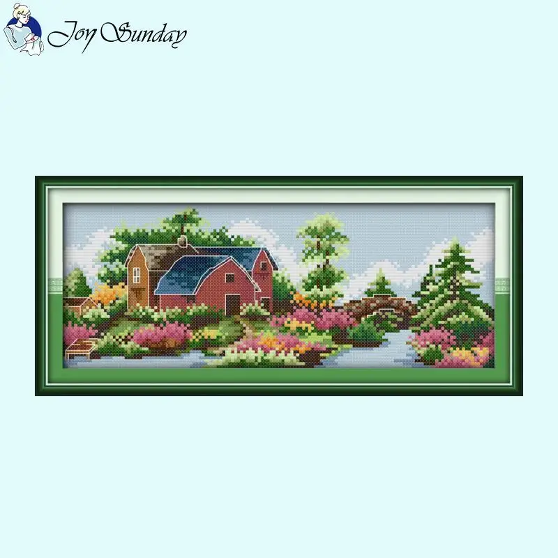 Castle Four Seasons Landscape Pattern Cross Stitch 14ct 16ct 11ct White Canvas Fabric Needle and Thread Kits DIY Hand Embroidery