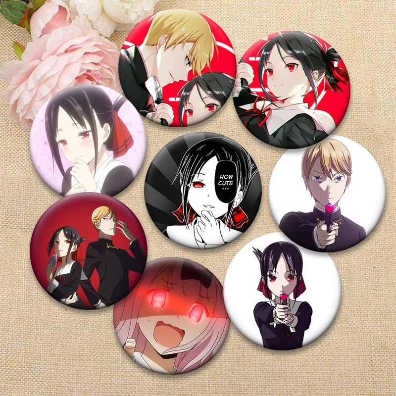 

Round Display Brooches Anime Kaguya SamaLove Is War Badge Fujiwara Chika,Shirogane Miyuki,Shinomiya Kaguya Cartoon Lapel Pins