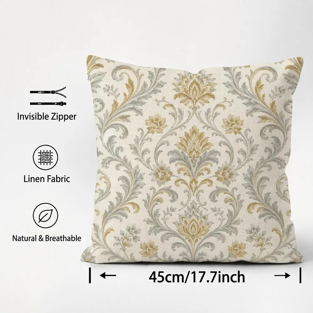 Elegant Home Art Gold Gray Floral Patterned Cushion Cover Cushion Covers Natural Linen Breathable Sofa Bedroom Decor Pillowcase