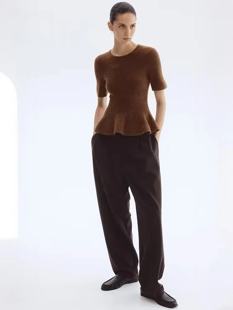 

Новый осенний женский облегающий трикотажный топ ort Sve с круглым вырезом и декоративным подолом, цельный комплект из полиэстера и волокна для поездок на работу