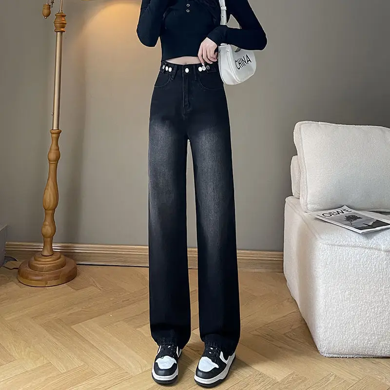 

Small Show Hight Show Lean High-waist Black Women Baggy Trousers Women Spring Autumn New Loose Straight Wash Wash Wide Leg Jeans