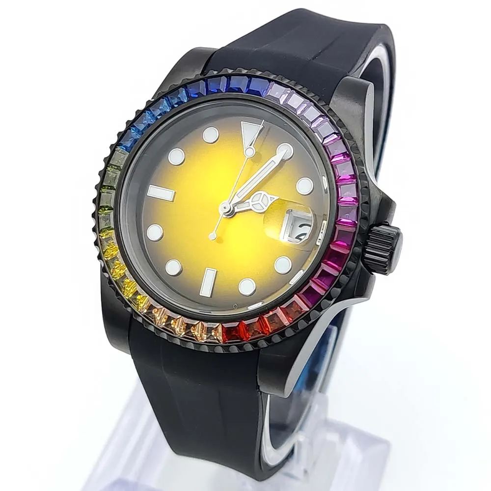 Men\'s Black Business Watch Featured Coloured Diamond Bezel Sapphire Glass Sterile Dial NH35 Automatic Mechanical Watch