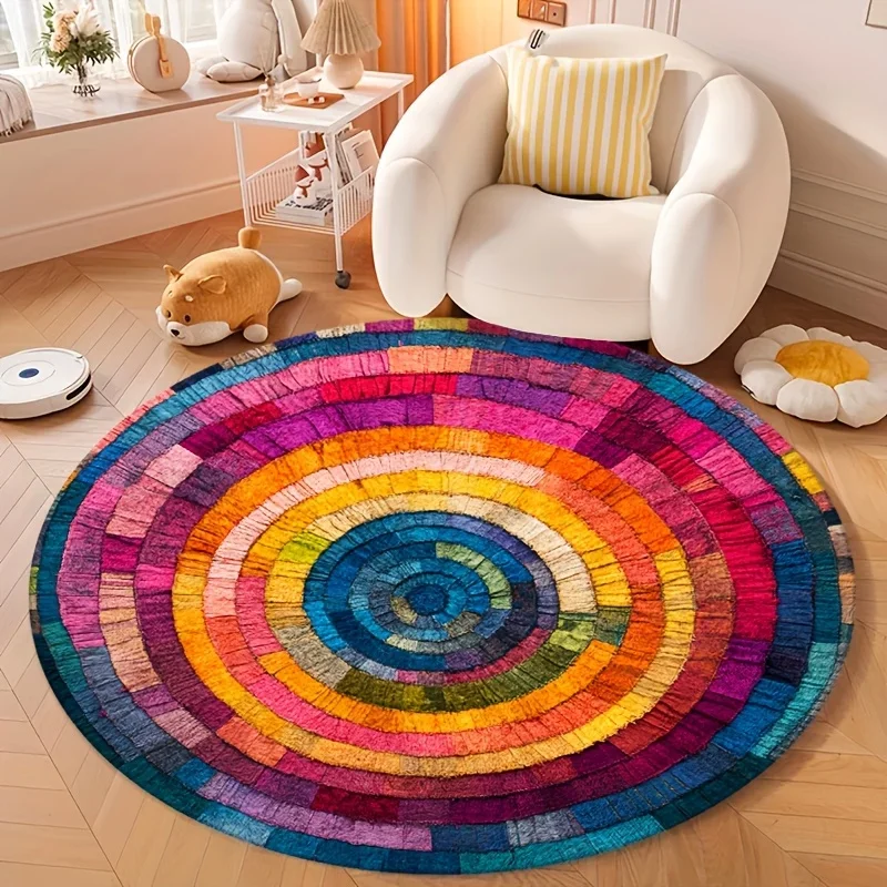 Boho Chic Rainbow Round Mat Multi Color Geometric Circle Area Carpet Abstract Tree Ring Pattern Living Room Armchair Floor Rug