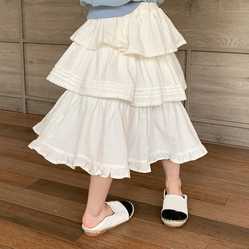 2024 Spring Girl Versatile White Skirt Korean Style Autumn Princess Layered Lace Edge Spliced Jacquard Mid Length Cake Skirt