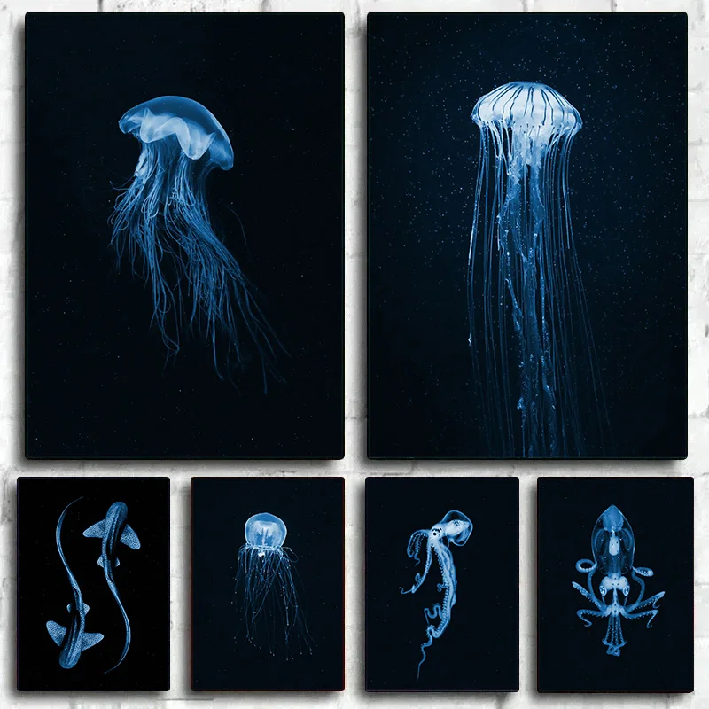 لوحة قماشية على شكل مخلوق بحري وقنديل البحر والحبار كراكن وسمك القرش في الليل لوحة جدارية بسيطة لتزيين غرفة المعيشة والمنزل