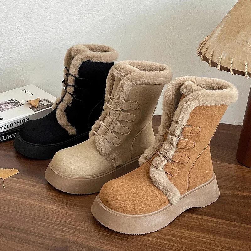 

Женская обувь, зимние легкие женские ботинки до середины икры, теплые зимние ботинки, женская модная повседневная обувь на плоской подошве со шнуровкой, Botas Mujer