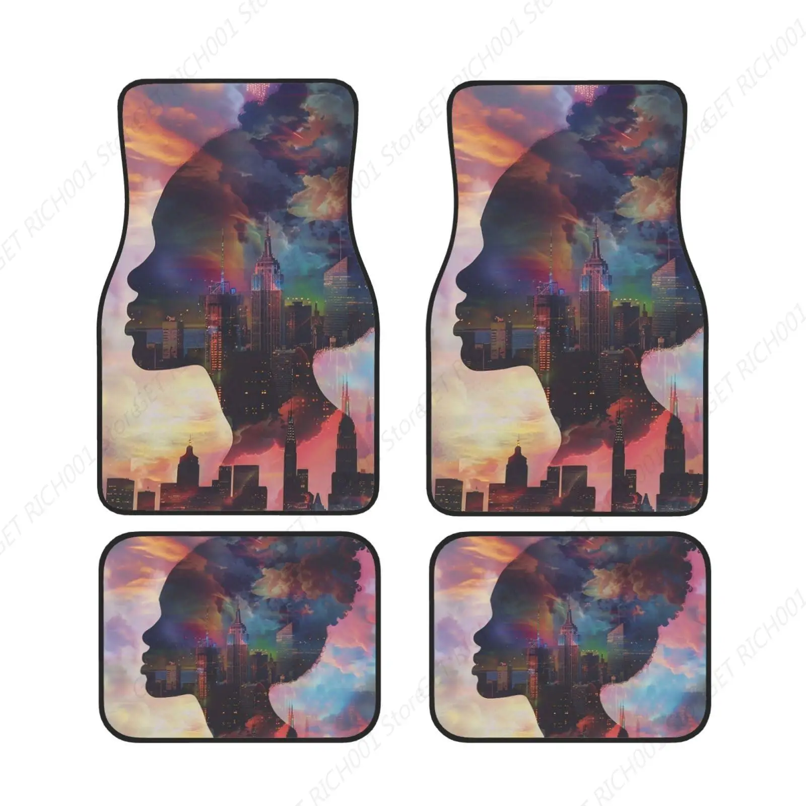 Black Female Silhouette City Scape Funny Car Foot Mat Set Of 4 Pieces Set Carpet Floor Mats For Cars, Auto Accessories