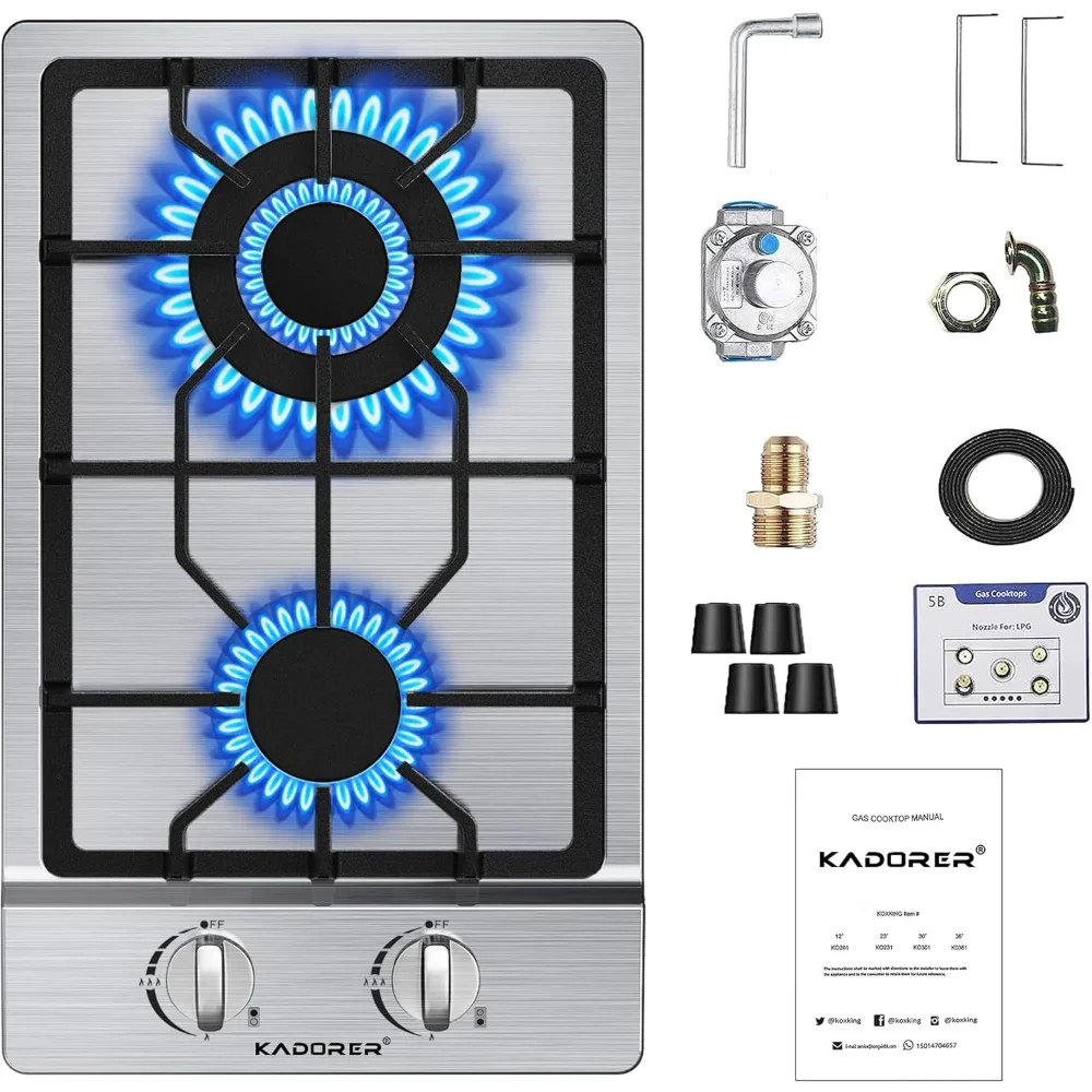 12-Zoll-Gaskochfeld, integrierte Gasherdplatte mit 2 Brennern, umwandelbare NG/LPG-Kochfelder, Propankochfeld mit zwei Brennern und Thermoc
