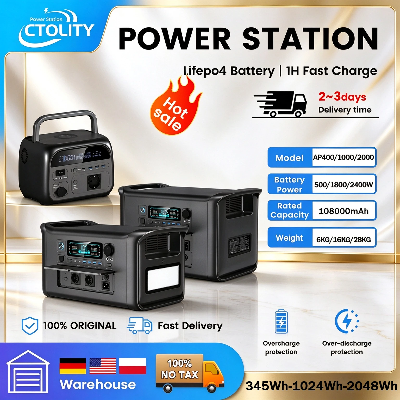 CTOLITY 500W -2400W Powerstation mit reiner Sinuswelle, Solarladestation
