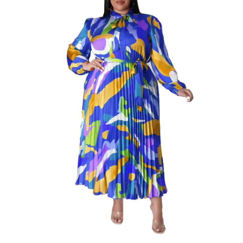 

African Dresses for Women Autumn Elegant African Long Sleeve Polyester Printing Pleated Dress Maxi Dress XL-5XL African Clothes