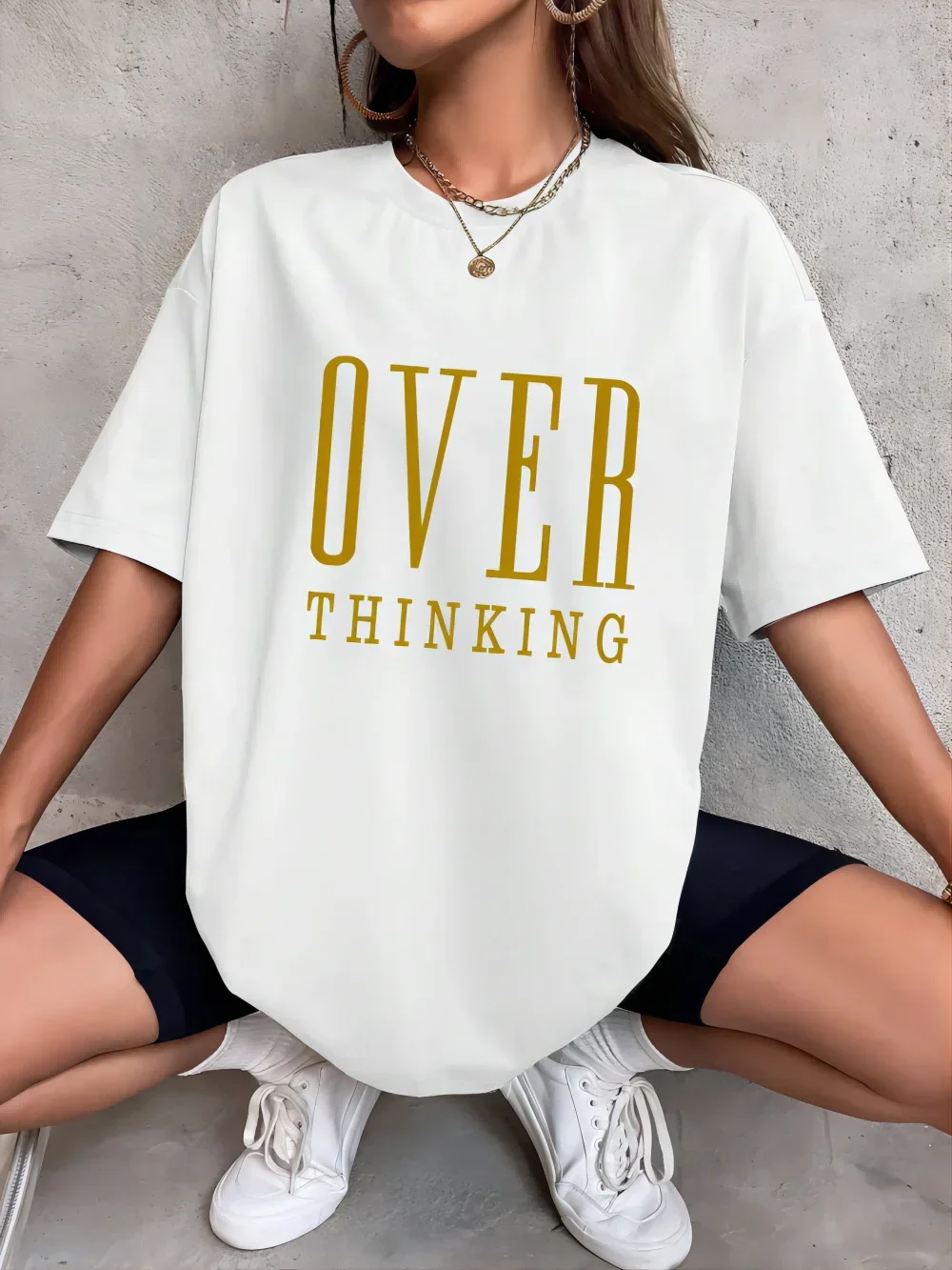 Over Thinking Letter Print Women  Short Sleeve Breathable Vintage O-Neck Tops All-math Casual T-Shirts Female Tee Clothing
