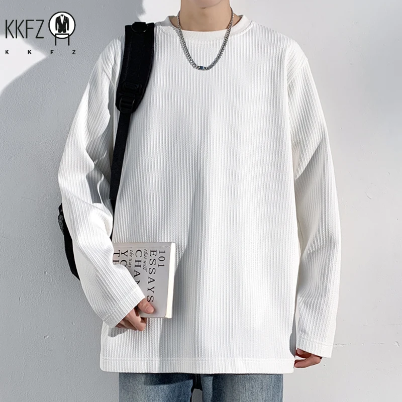 Men Casual Ribbed Texture Long Sleeve T Shirt Round Neck Relaxed Fit Soft Knit Male Daily Wear Top