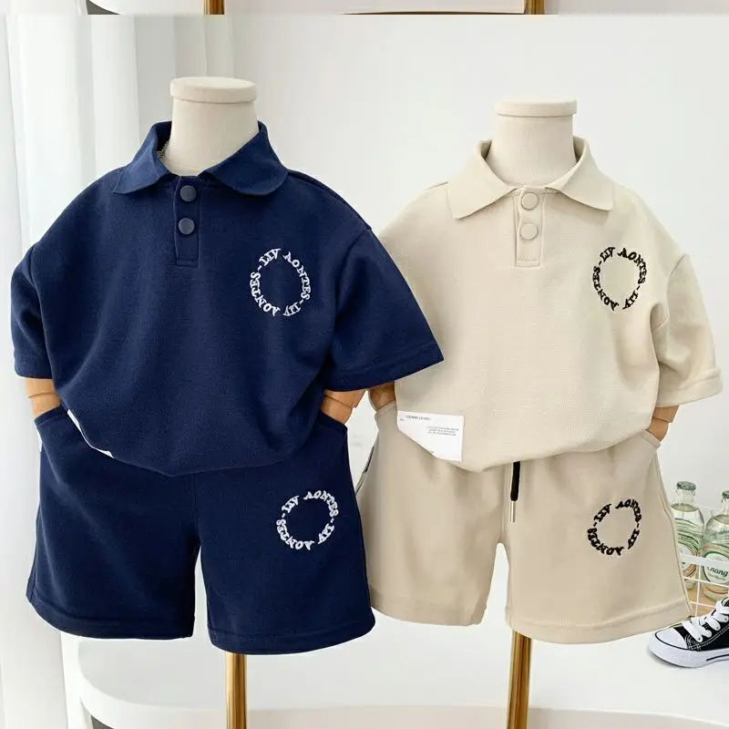 Baby Boys' Summer Waffle Set 2024 New Korean Teenage Boys Handsome Casual Two Piece Sets Kids' Loose Fitting Clothes Outfits