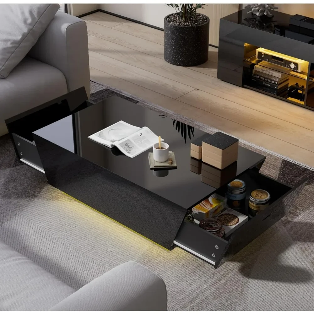 Preto mesa de café moderno com 12 cores luzes LED, High Gloss Mesa Centro Contemporânea, 2 gavetas de armazenamento, 41"