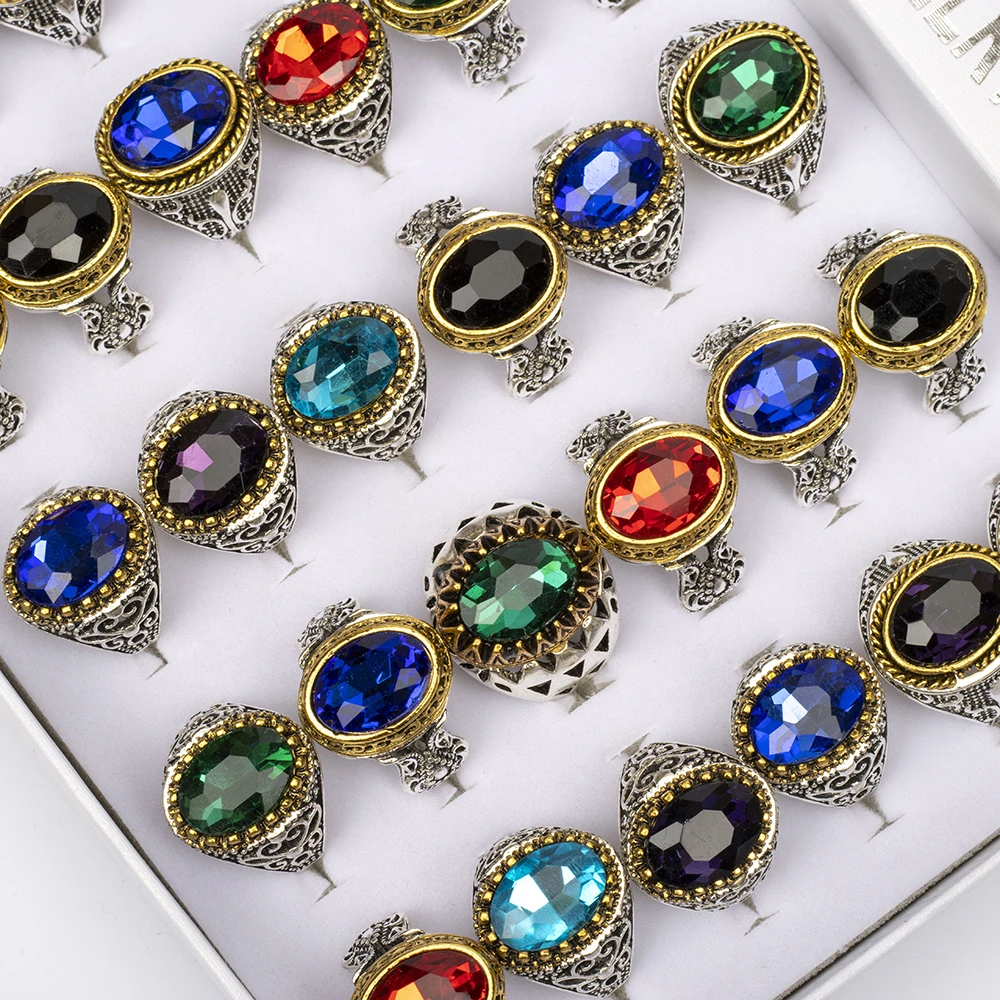 الجملة 20 قطعة/الوحدة خمر تقليد الأحجار الكريمة الزجاج منحوتة الزهور الهندسة خواتم مجوهرات للرجال النساء هدايا الحفلات