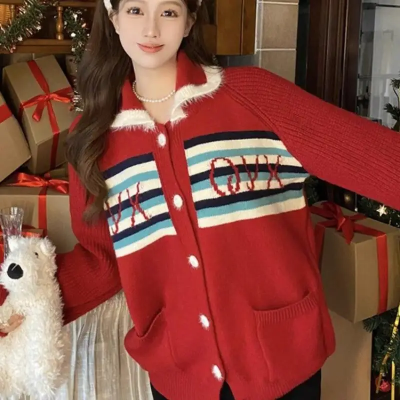 

Women's Clothing Retro Lapel Knit Cardigan Fashion Christmas Sweater Long Sleeves Tops Keep Warm Base Layer Versatile