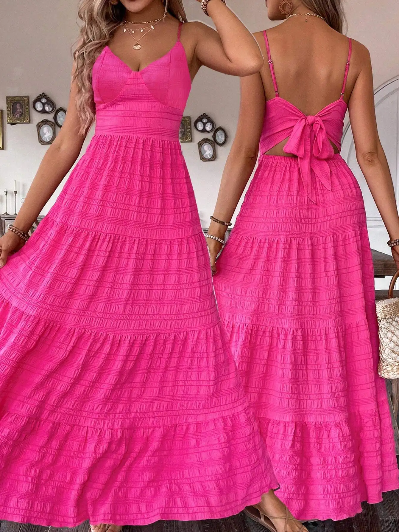 

Pink V-Neck Back Tie Tiered Maxi Dress for Summer Beach or Wedding Guest