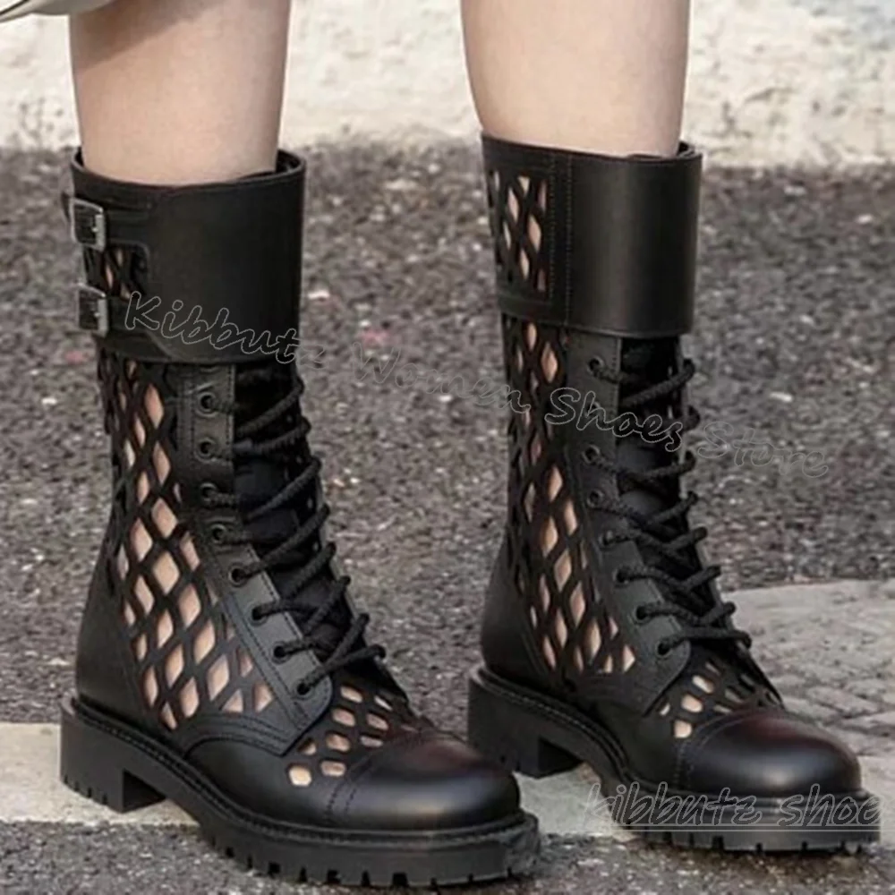 

Motorcycle Sandals Boots Mid Calf Round Toe Chunky Heel Leather Hollow Solid Color Lace-Up Belt Buckles Fashion Novelty Sexy New