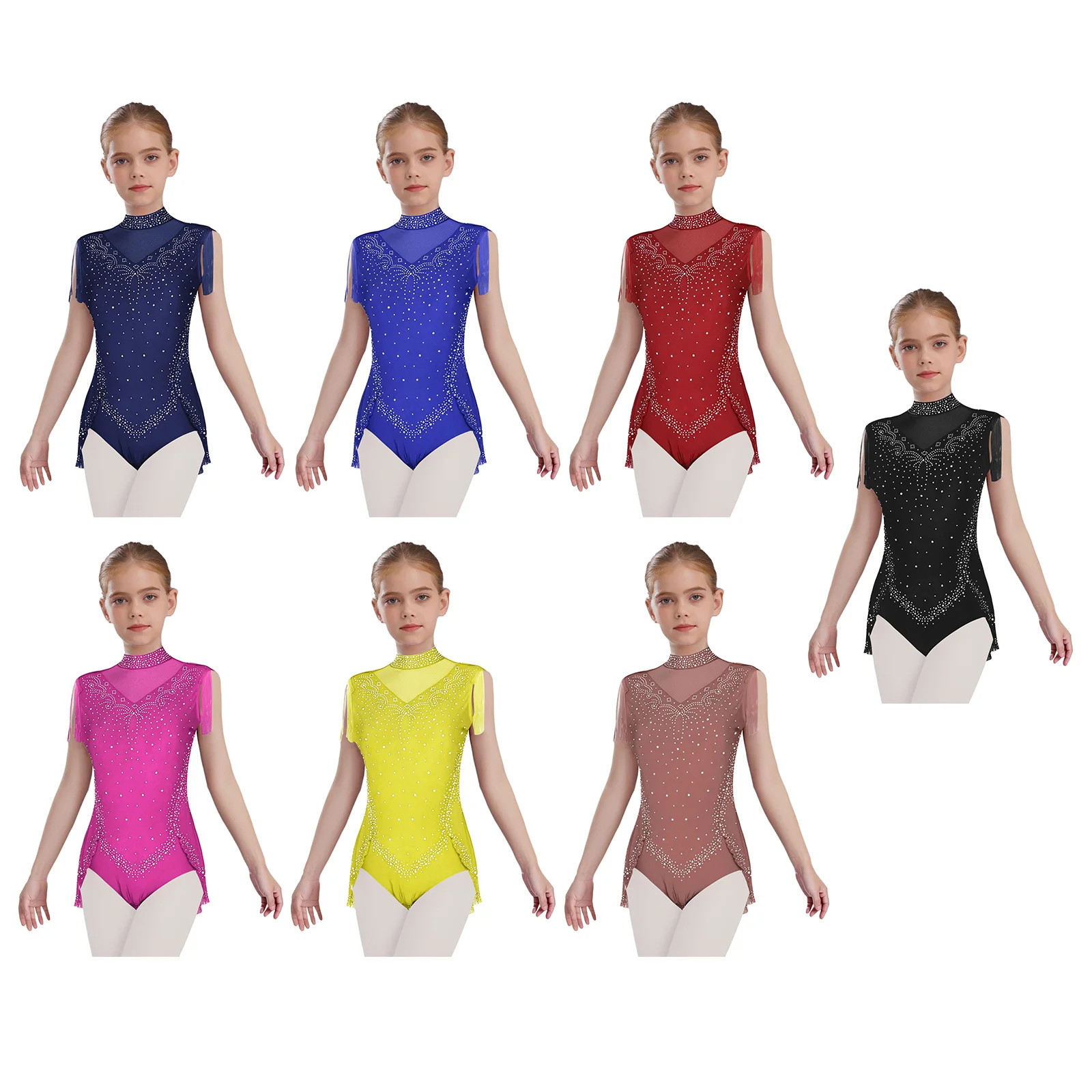 Kids Girls Figure Skating Latin Dance Leotards Ballet Gymnastics Tango Dancewear Shiny Rhinestones Sleeveless Tassel Bodysuit image 5