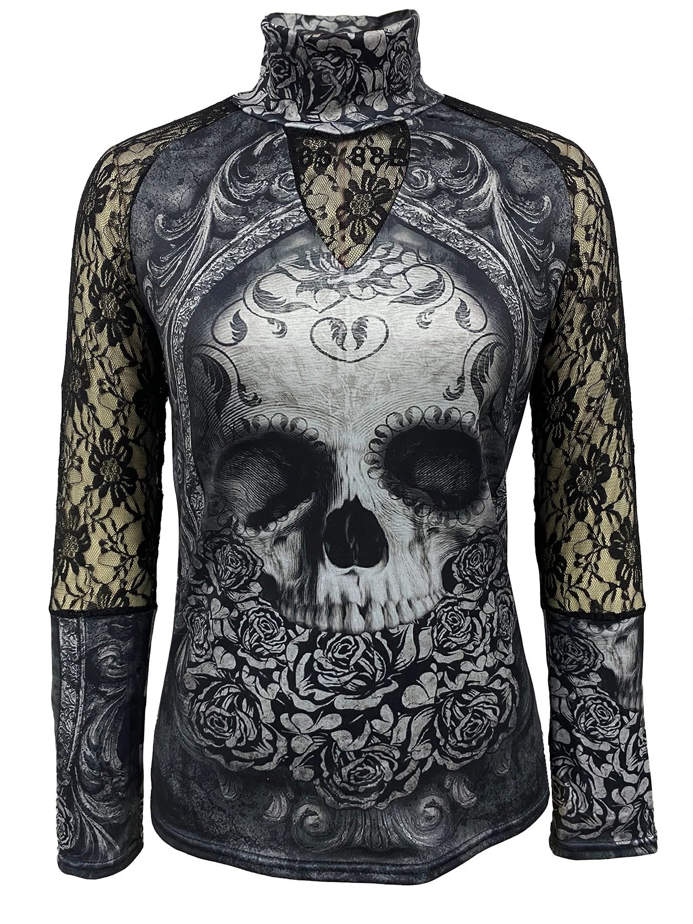 Frauen coole Mode Herbst und Winter Roll kragen Schädel & Blumen druck T-Shirt Gothic hohle Langarm Damen Tops Pullover