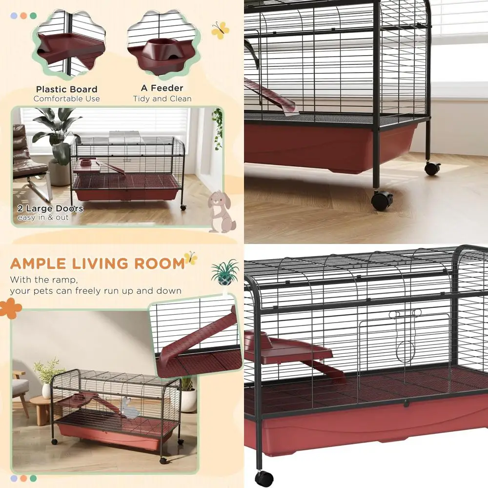 

Клетка для маленьких животных, 48 дюймов, ящик для кролика или хорька, игровой домик для домашних животных с кормушкой, роликовыми колесами, платформой, рампами