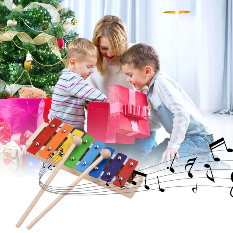 8 Keys Xylophone Compact Size Glockenspiel Colorful Aluminum Plate Piano with Wooden Mallets Percussion Musical Instrument Gift