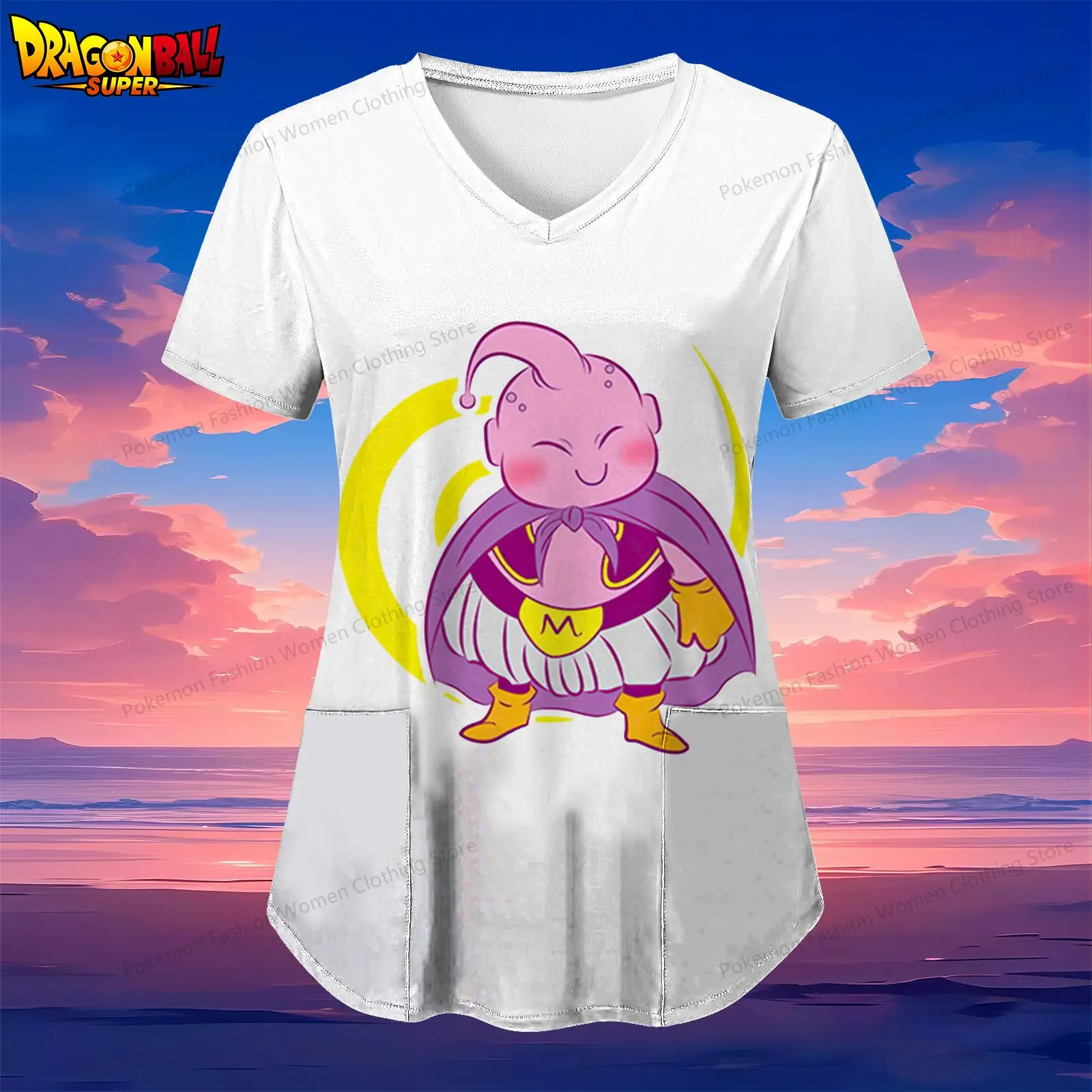 Kakarotto Pocket Dragon Ball Women's V Neck Nurse Uniform T-Shirt Short Sleeve Tee Y2k S-2XL Street Wear Kawaii Summer 2024 Top