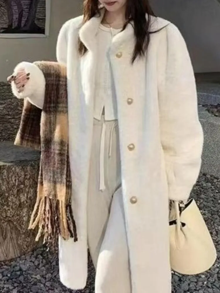معطف نسائي من الفرو الصناعي من ZMEENNA ملابس خارجية شتوية دافئة وياقة ثابتة وأزرار ذهبية واحدة الصدر أنيقة باللون الأبيض ZM4465