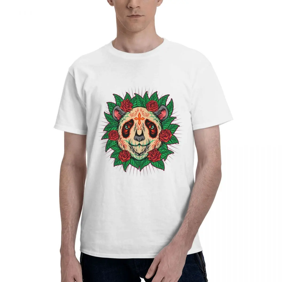 

Mens T Shirt Panda Flowers 100% Cotton Short Sleeve Crew Neck Outdoors fashion White Tops