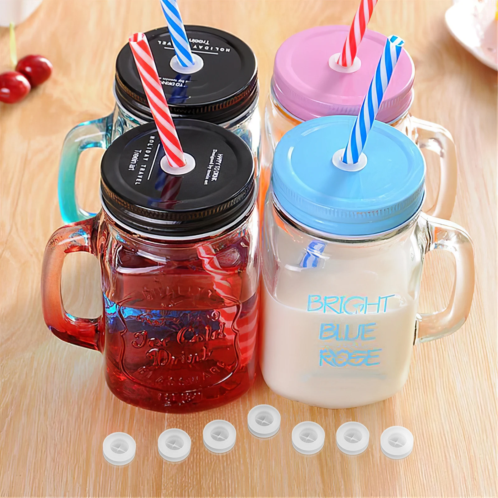 20pcs Straw Fixing Plugs Silicone Seals for Mason Jar Lids Wood Covers Dustproof Leakproof Glass Bottle Stoppers Kitchen Bar
