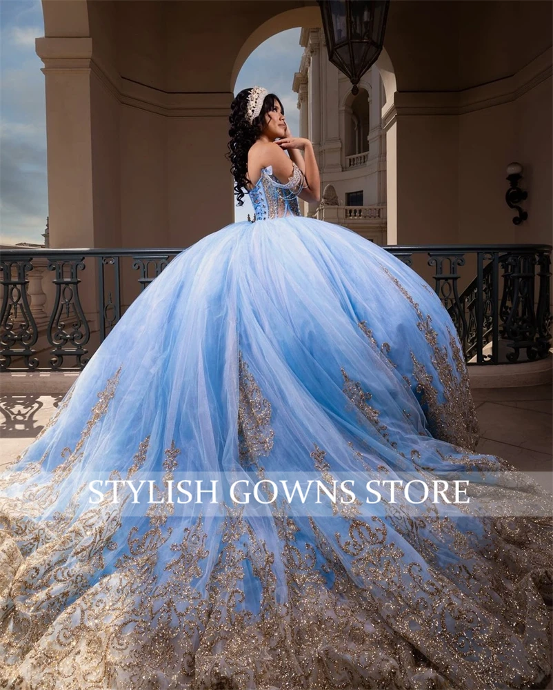 พู่สีฟ้า Quinceanera เดรสลูกปัด Appliques Ball Gown LACE-Up หรูหราชุดผู้หญิง 2024 ชุดพิเศษที่กําหนดเอง