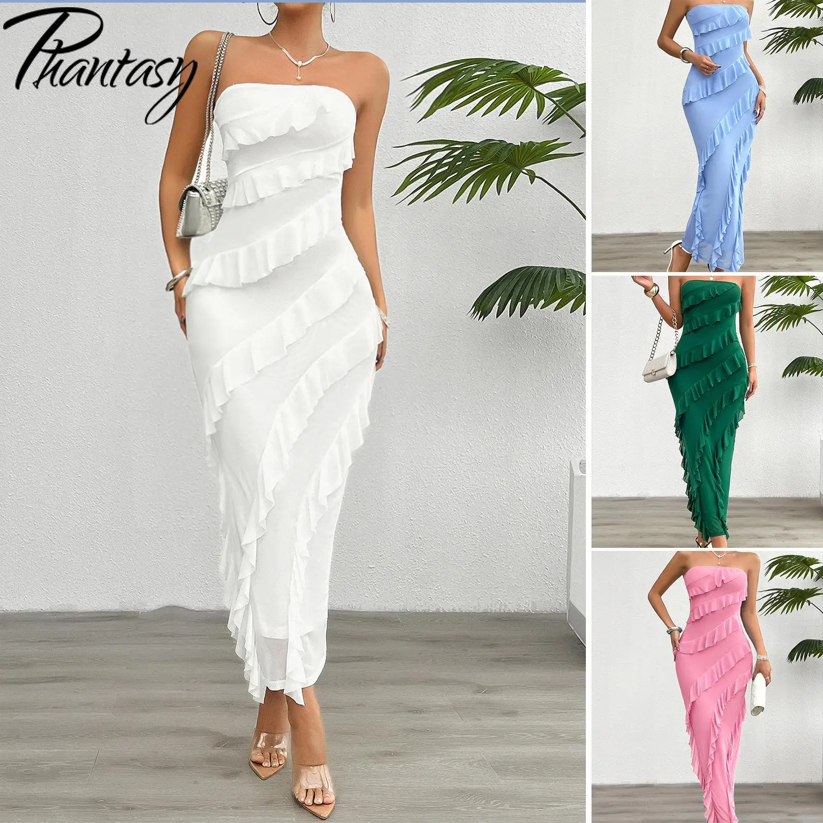 Phantasy Solid Tassel Strapless Long Dress Women Beach Style Tight One Step Skirt Split Evening Dress Female New Summer Wear