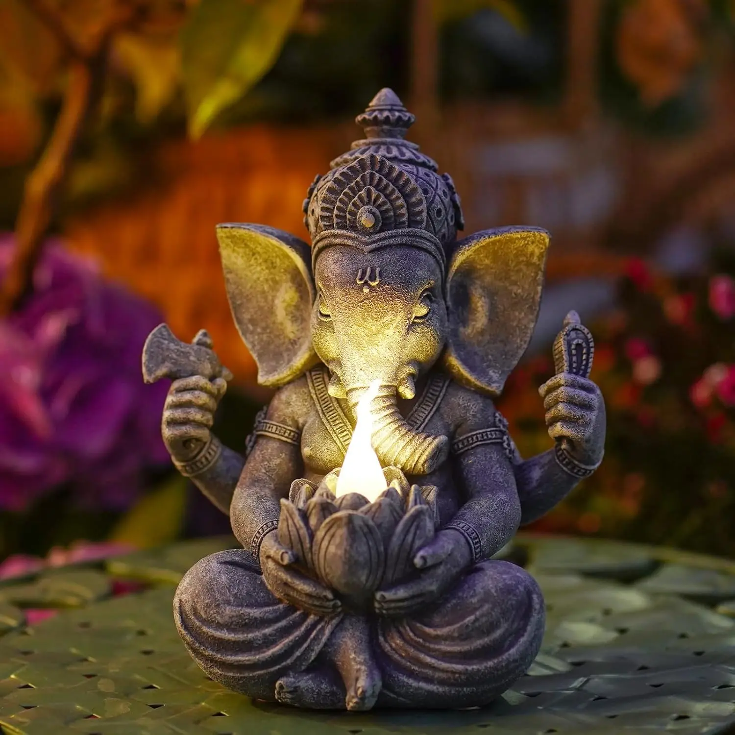 

Ganesha Elephant Garden Statues: Outdoor Sculptures with Lotus Lights Decor for Patio Lawn Yard Art - Gifts for Mom Grandma
