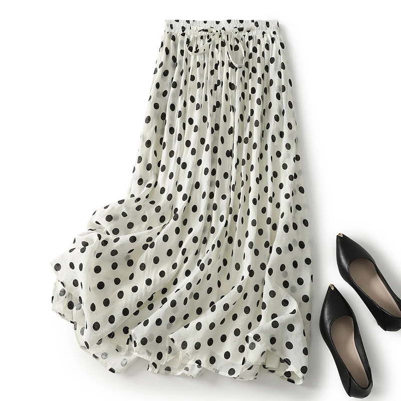 Summer New Polka Dot High Waist A-Line  Skirt Women's Inner Lined Long Skirt Elegant Versatile Ladies' Premium Fashion