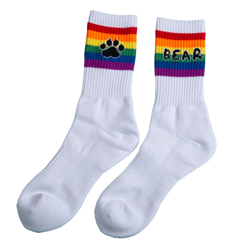 One Pair Bear Paw Claw Print Men\'s Cotton Casual Socks High Quality Man Sporting Thickened Socks For Gay Bear Rainbow White