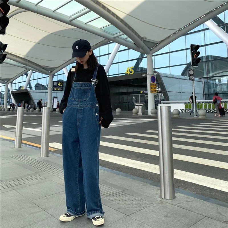 MEXZT Women Denim Overalls Vintage Streetwear Loose Jumpsuit Korean Straight Wide Leg Pants Casual Jeans All Match Trousers