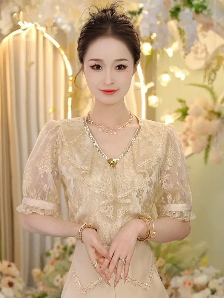 

French Style V-neck Ruffled Little Fragrant Wind Top for Women's Summer Thin Floral Short Sleeved Blouse