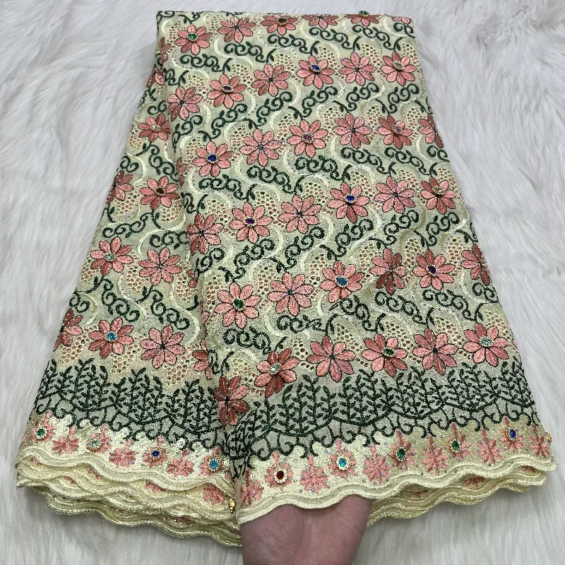

5 Yards African Swiss Voile Lace Fabric Embroidery High Quality With Stones Dry 100% Cotton Dubai style For Wedding 27L581204