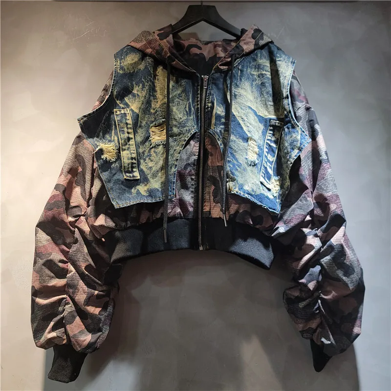 WTHT, chaqueta vaquera holgada con capucha de camuflaje empalmado para mujer, pantalones vaqueros holgados con cintura elástica para mujer, otoño 2025 1LS2492