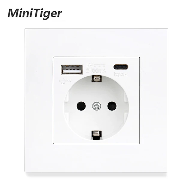 MiniTiger-USB電源ソケット,ガラスパネル,タイプcポート,AC 110v-250v 16a,ビルトインウォール,USB Type C EU規格コンセント