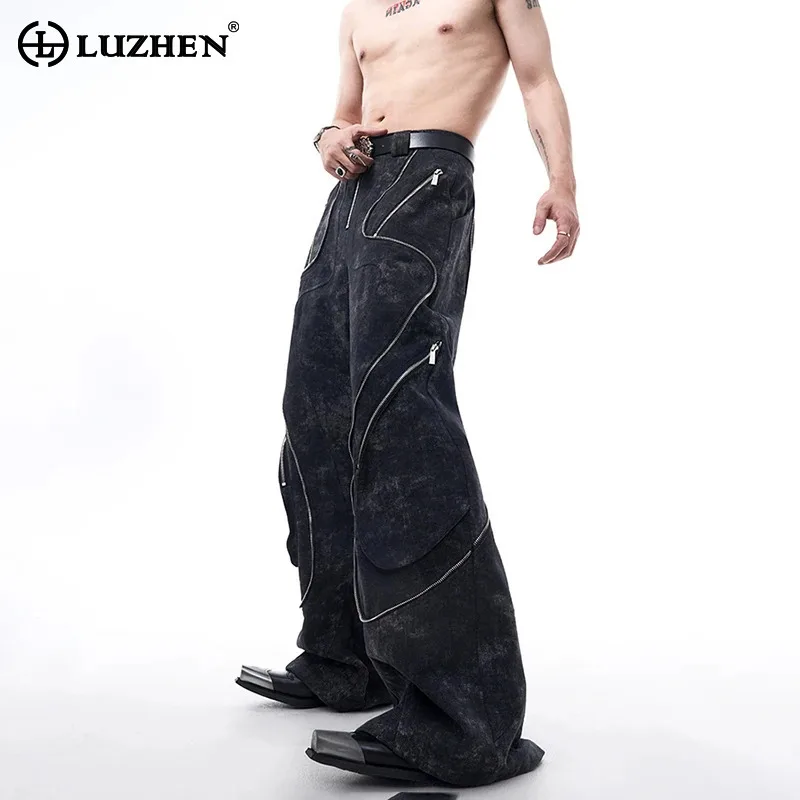 

LUZHEN Straight Jeans Men's 2024 Metal Zipper Patchwork Design Washed Wornout Wide Leg Denim Pants High Street Fashion LZ7023