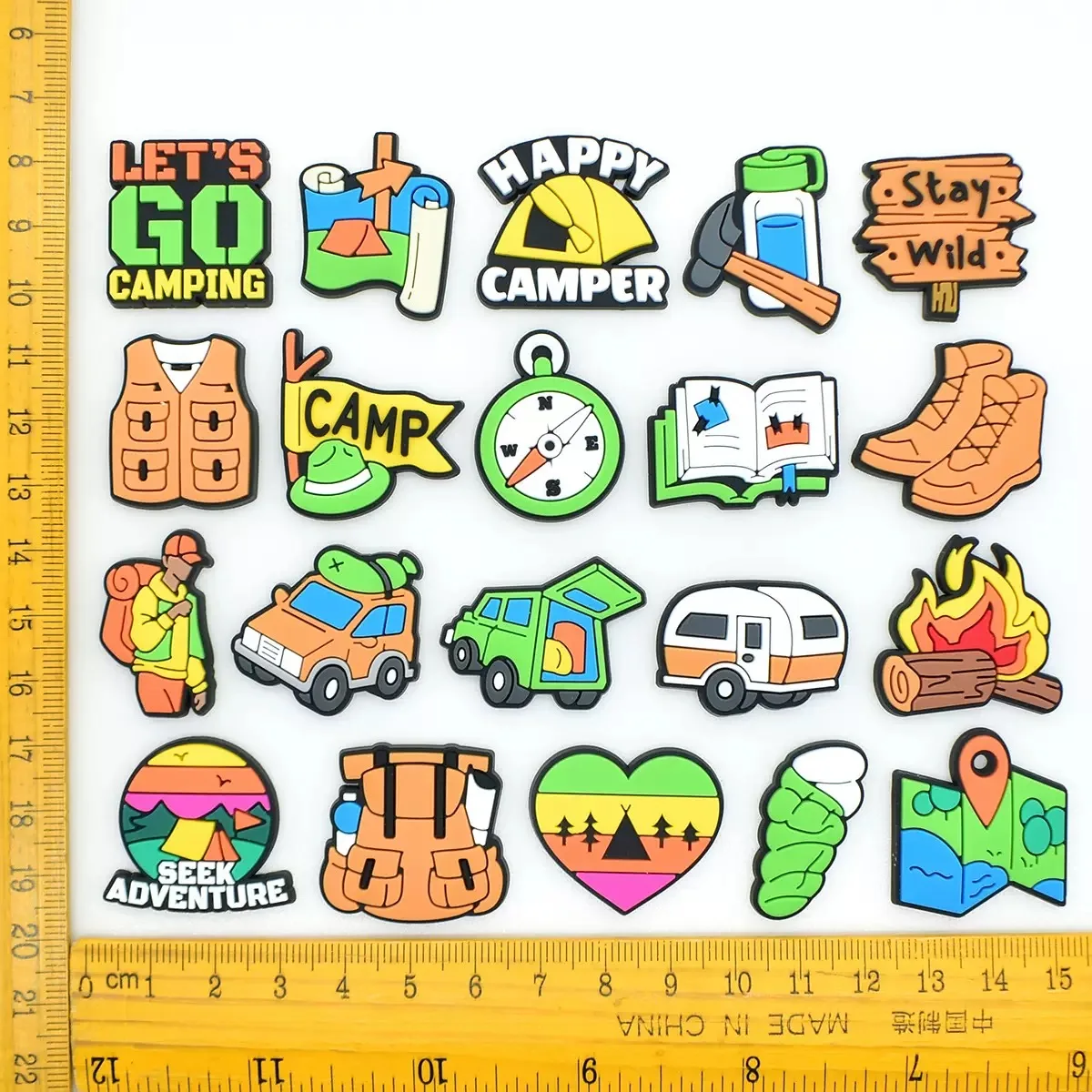 Wholesale 21-100Pcs Camping Equipment PVC Shoe Charms Stay Wild Campfire Slippers Decorations DIY Camper Bracelet