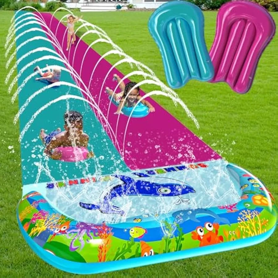 

36FT x 6.56FT Extra Long Double Lawn Water Slide for Adults XXXL Heavy Duty Outdoor Water Slip with Sprinkler N 2 Bodyboards Ba