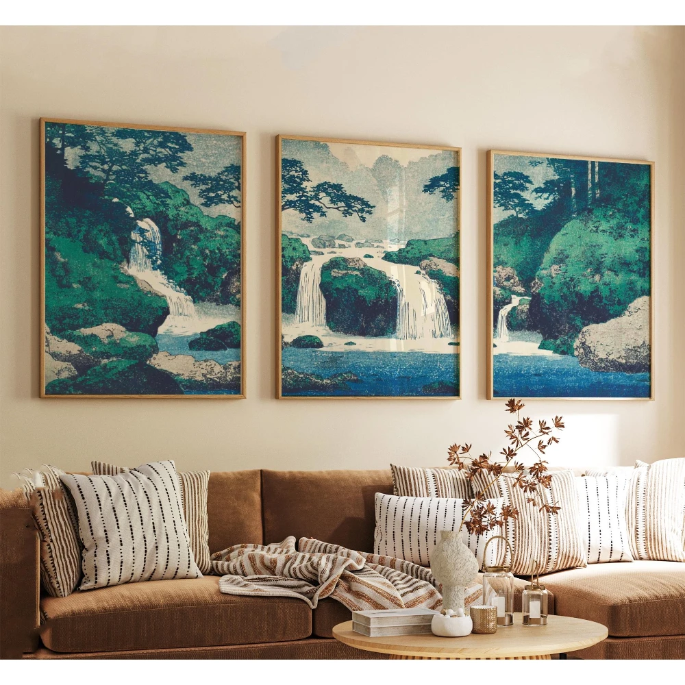 3PCS  Frameless,3pcs Japanese Vintage Waterfall Spring/Summer Landscape Poster Set Minimalist Tree, Rivers Frameless Canvas Home