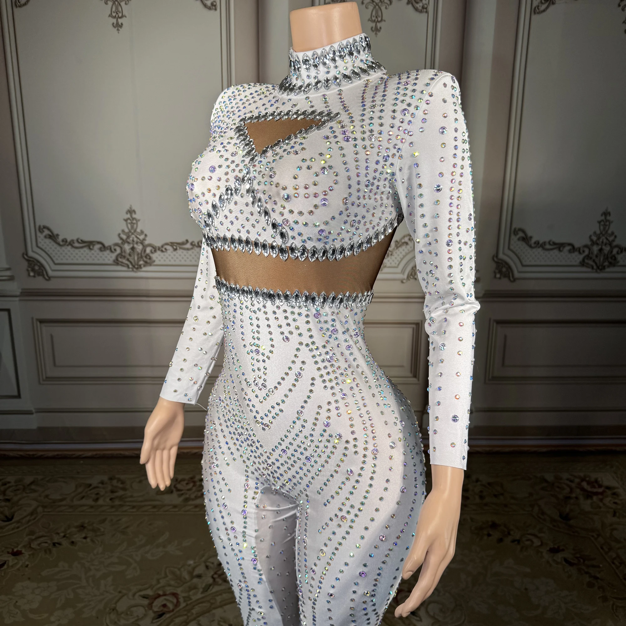 ZD Sexy Long Sleeves Stretch Rompers Club Party Showgirl Pole Dance Leotard Female One Piece Bodysuit Women Rhinestone Jumpsuit