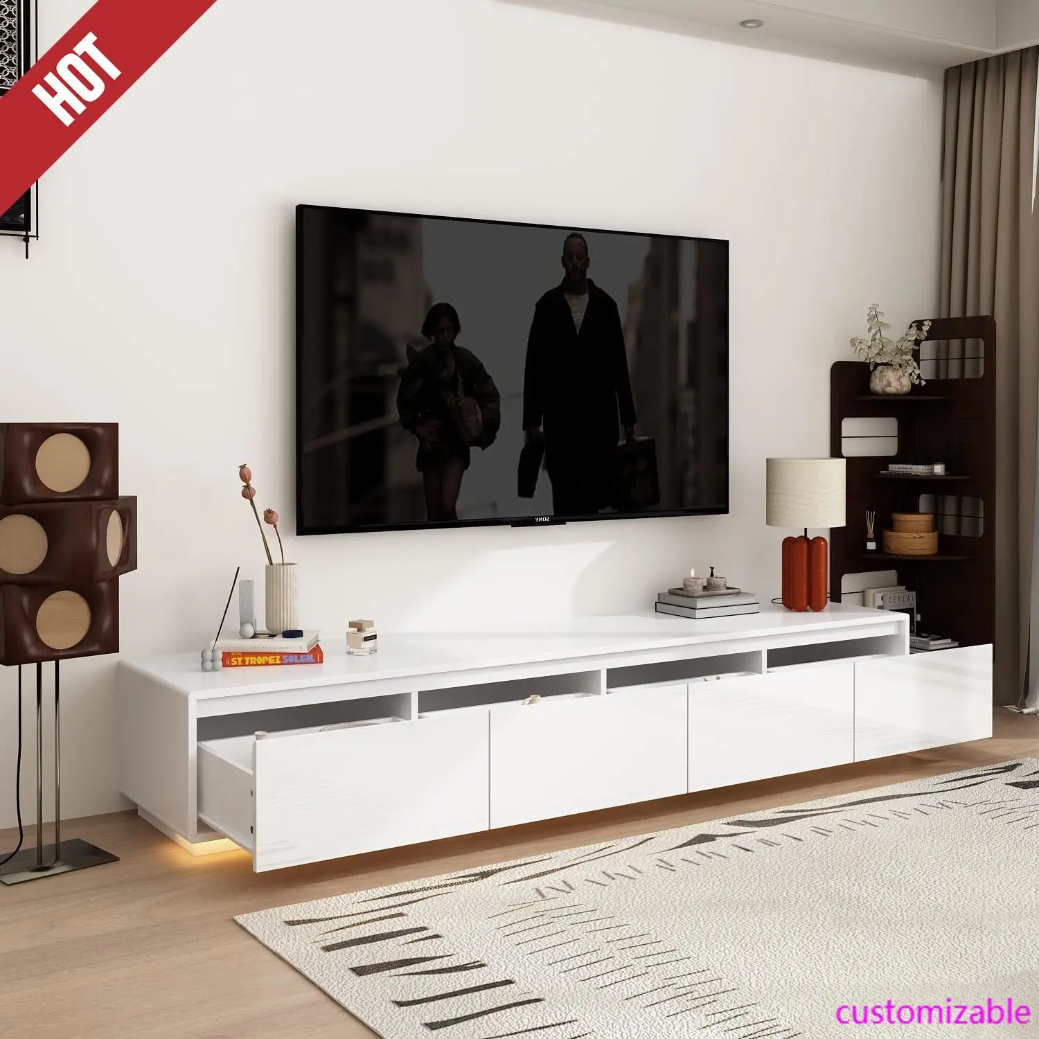 2025new LED TV Stand for Tvs Up to 75", Wood Media Console with Glossy