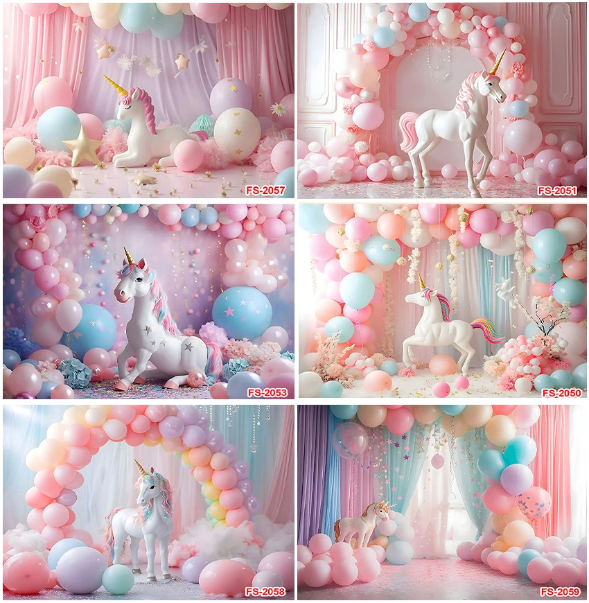 

Balloons Unicorn Pink Theme Girls Birthday Newborn Baby Shower Curtain Backdrops Photographic Interior Backgrounds Banner Props